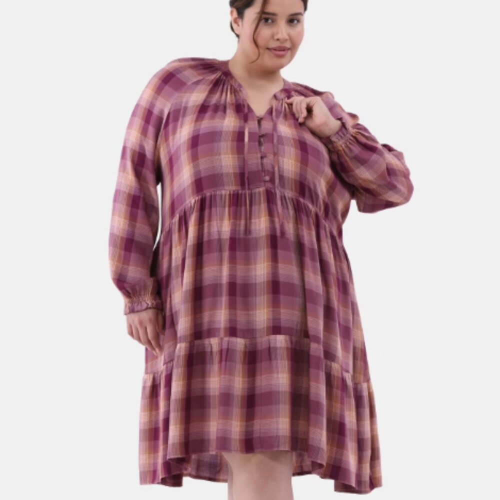 Terra & Sky Tiered Plaid Long Sleeve Dress Size 1x